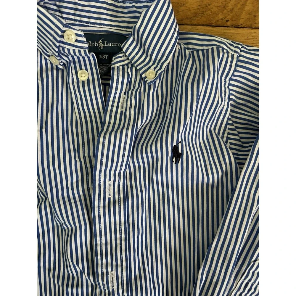 Ralph Lauren Toddler Boys Blue White Striped Button Down Shirt Navy Pony 3/3T